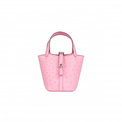 HERMÈS MASTER MICRO PICOTIN LOCK 14 BUBBLEGUM OSTRICH PALLADIUM HARDWARE (14*12*10cm) 